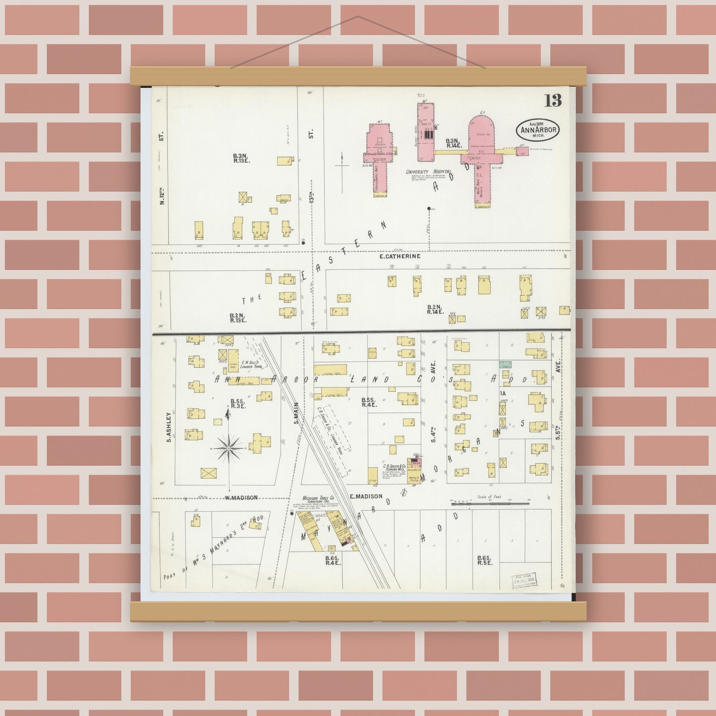 Old map wall art mockup — magnetic wood frame on brick wall — Sanborn Fire Insurance Map from Ann Arbor, Washtenaw County, Michigan (1899), Sheet #0013