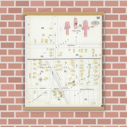 Old map wall art mockup — magnetic wood frame on brick wall — Sanborn Fire Insurance Map from Ann Arbor, Washtenaw County, Michigan (1899), Sheet #0013
