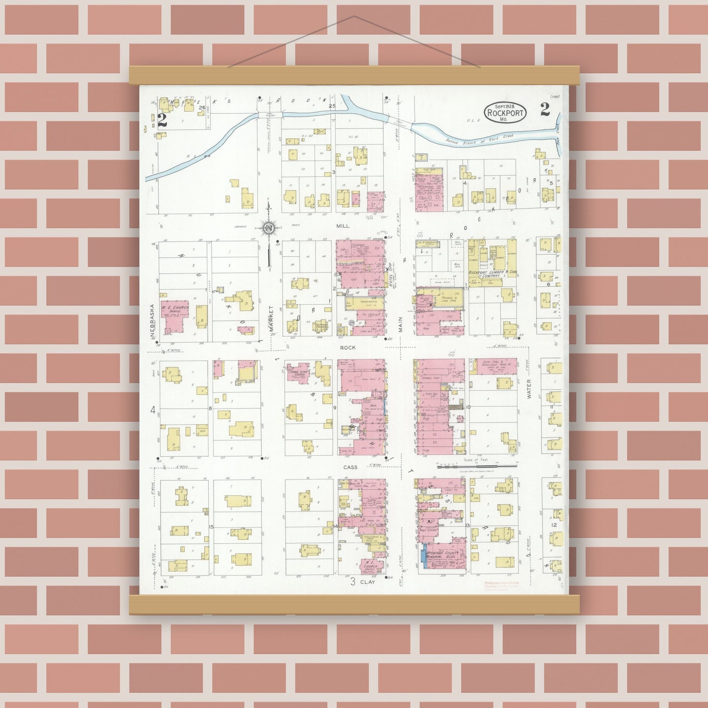 Old map wall art mockup — magnetic wood frame on brick wall — Sanborn Fire Insurance Map from Rockport, Atchison County, Missouri (1928), Sheet #0002