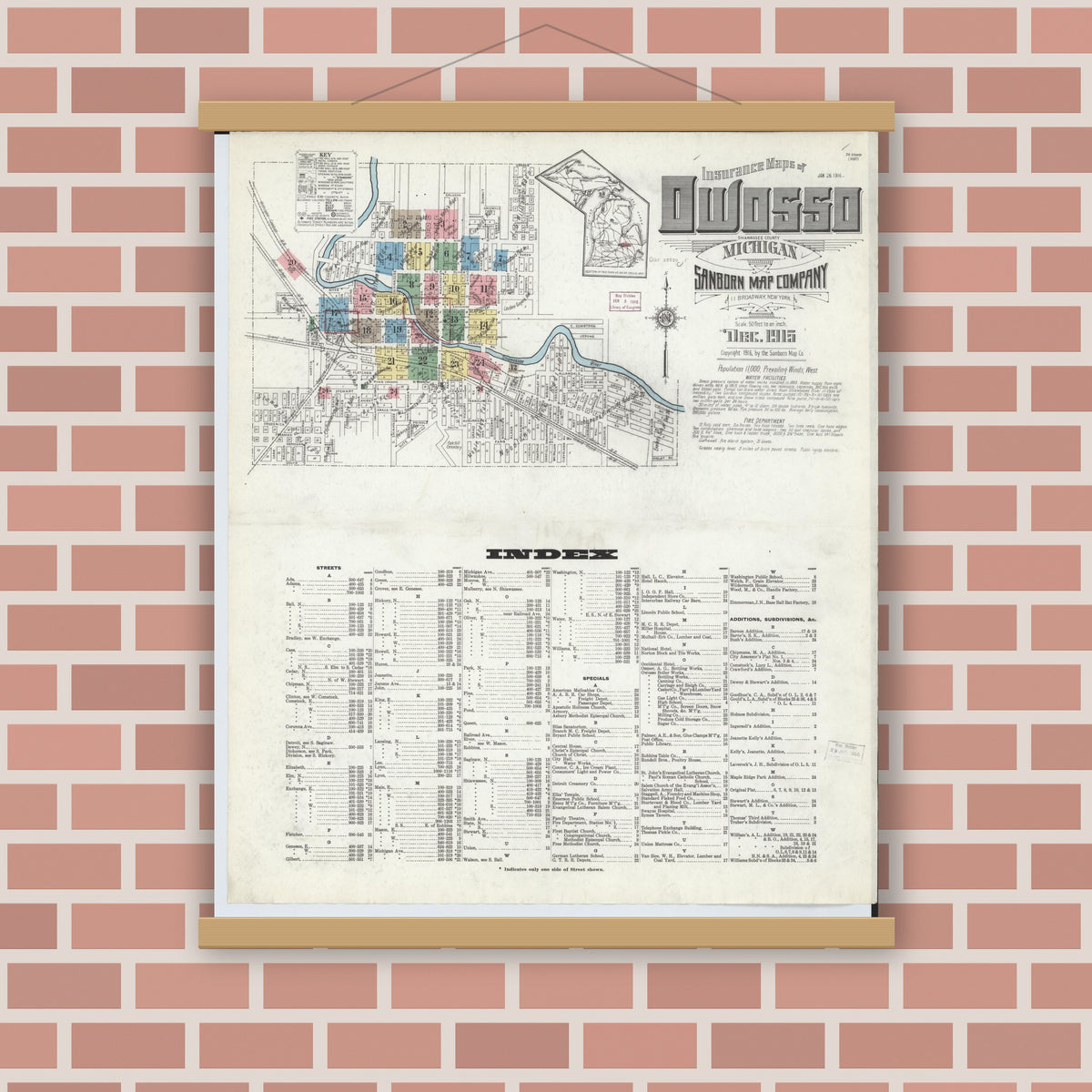 Old map wall art mockup — magnetic wood frame on brick wall — Sanborn Fire Insurance Map from Owosso, Shiawassee County, Michigan (1915) - Complete Map Set