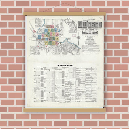 Old map wall art mockup — magnetic wood frame on brick wall — Sanborn Fire Insurance Map from Owosso, Shiawassee County, Michigan (1915) - Complete Map Set