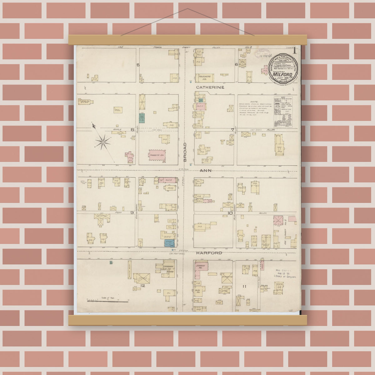 Old map wall art mockup — magnetic wood frame on brick wall — Sanborn Fire Insurance Map from Milford, Pike County, Pennsylvania (1885) - Complete Map Set