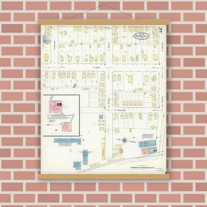Old map wall art mockup — magnetic wood frame on brick wall — Sanborn Fire Insurance Map from Kendallville, Noble County, Indiana (1914), Sheet #0002