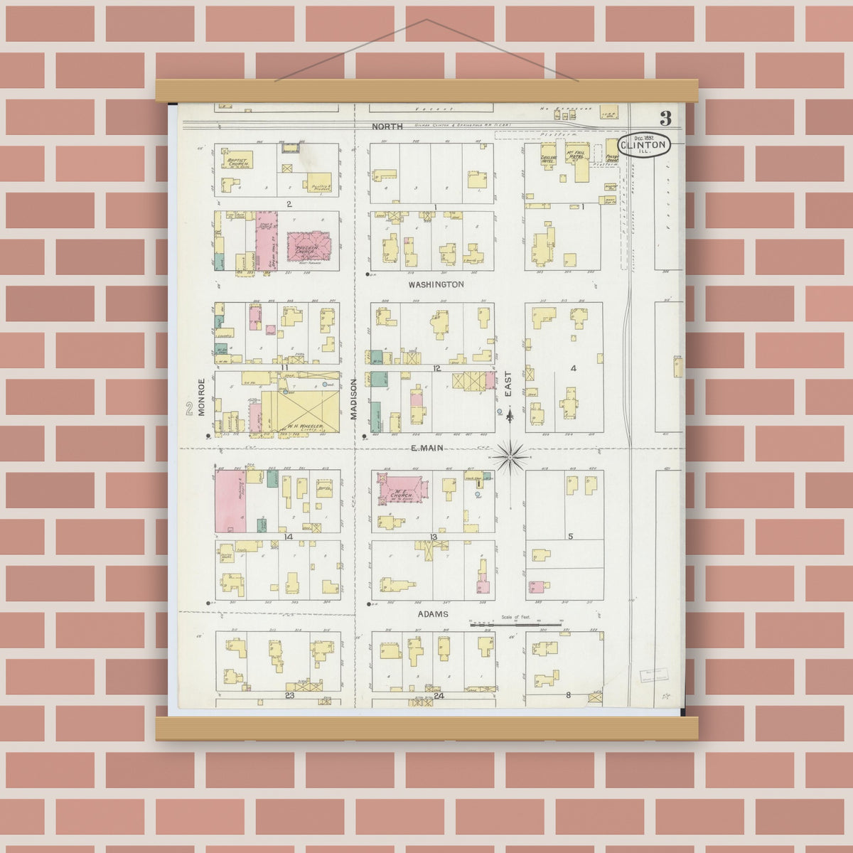 Old map wall art mockup — magnetic wood frame on brick wall — Sanborn Fire Insurance Map from Clinton, De Witt County, Illinois (1892), Sheet #0003