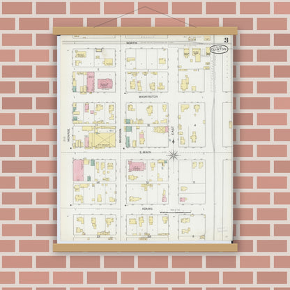 Old map wall art mockup — magnetic wood frame on brick wall — Sanborn Fire Insurance Map from Clinton, De Witt County, Illinois (1892), Sheet #0003