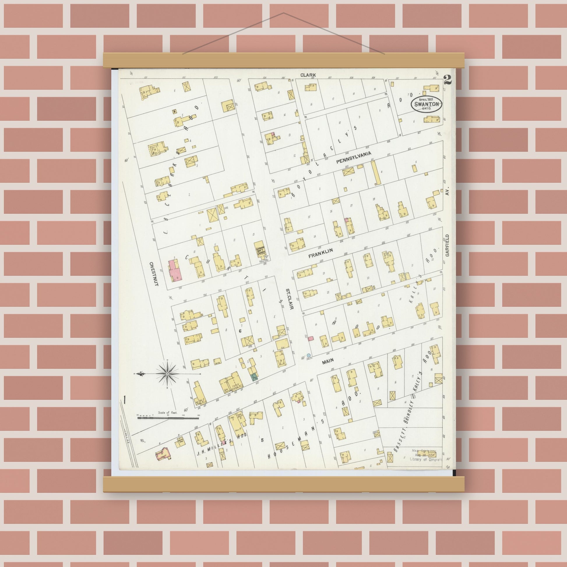 Old map wall art mockup — magnetic wood frame on brick wall — Sanborn Fire Insurance Map from Swanton, Fulton County, Ohio (1901), Sheet #0002