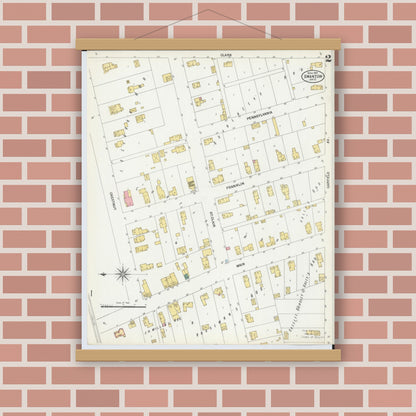 Old map wall art mockup — magnetic wood frame on brick wall — Sanborn Fire Insurance Map from Swanton, Fulton County, Ohio (1901), Sheet #0002