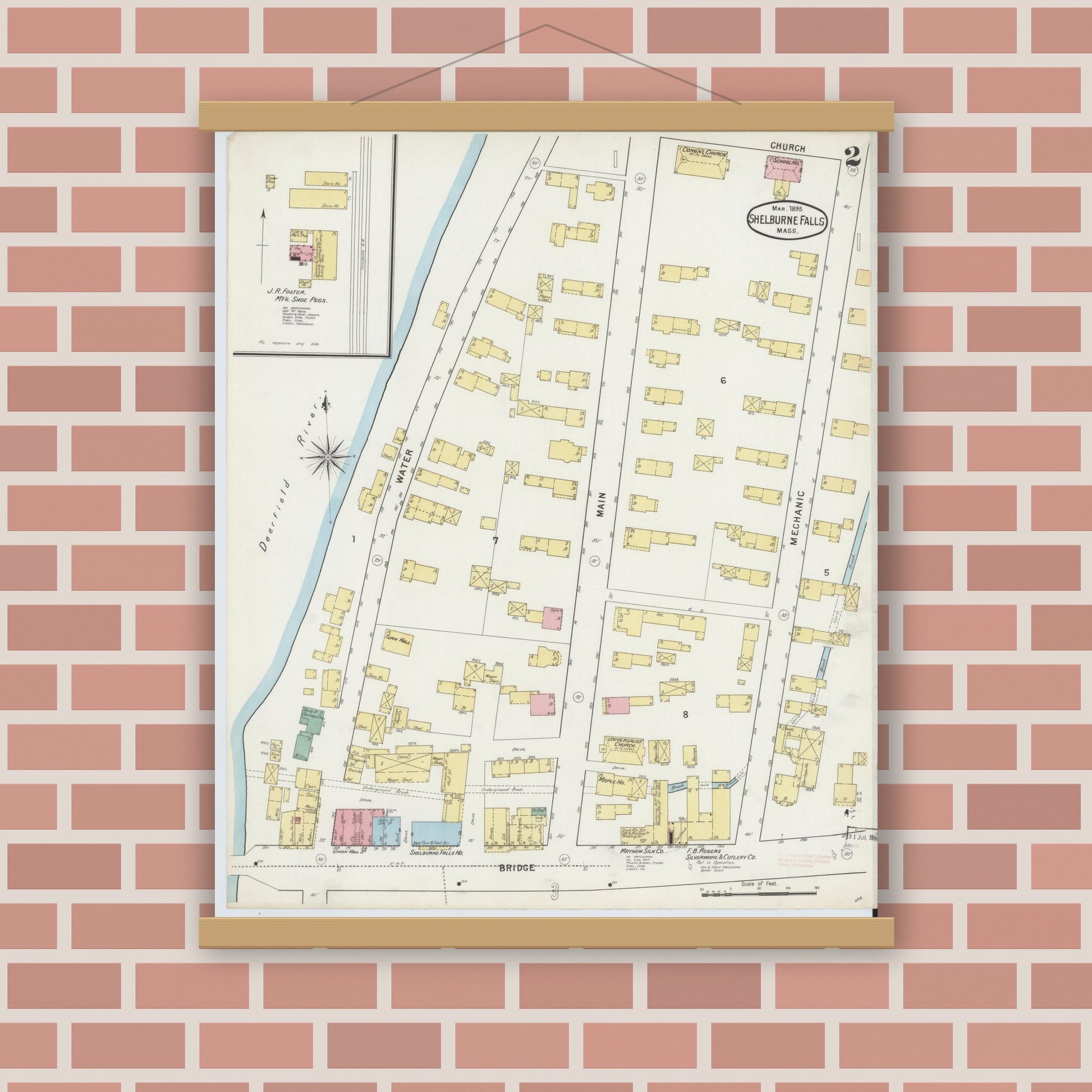 Old map wall art mockup — magnetic wood frame on brick wall — Sanborn Fire Insurance Map from Shelburne Falls, Franklin County, Massachusetts (1895), Sheet #0002