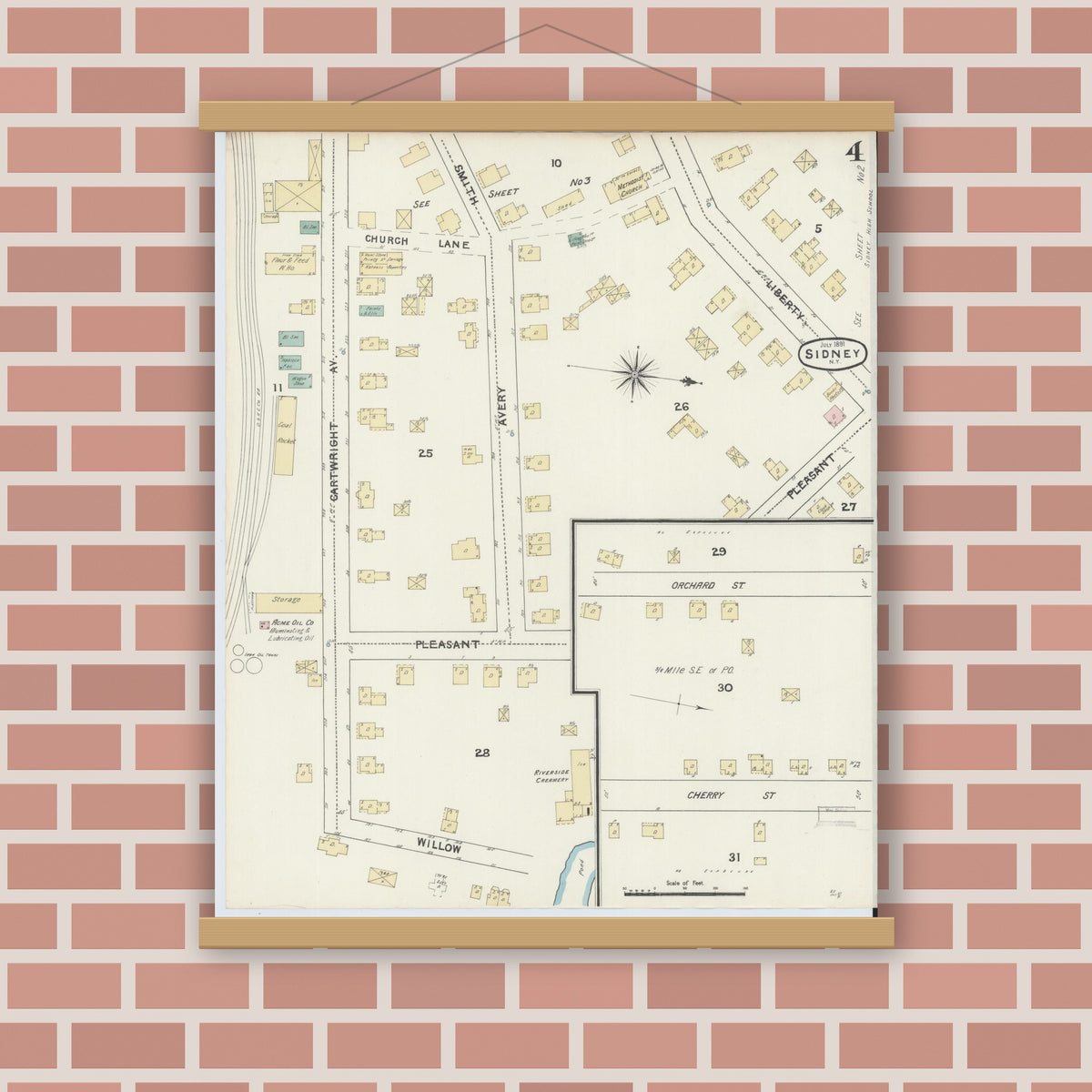 Old map wall art mockup — magnetic wood frame on brick wall — Sanborn Fire Insurance Map from Sidney, Delaware County, New York (1891), Sheet #0004