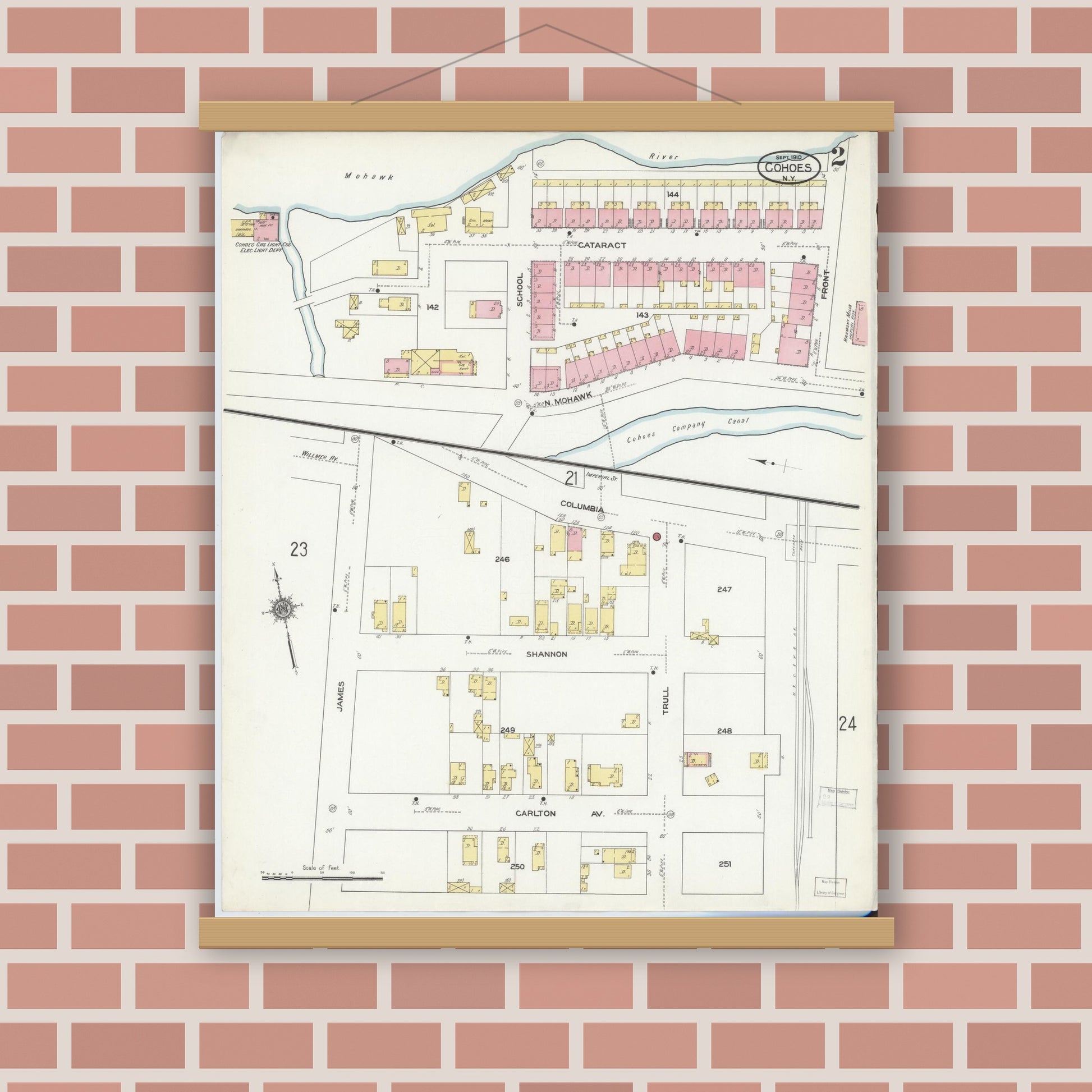 Old map wall art mockup — magnetic wood frame on brick wall — Sanborn Fire Insurance Map from Cohoes, Albany County, New York (1910) - Complete Map Set