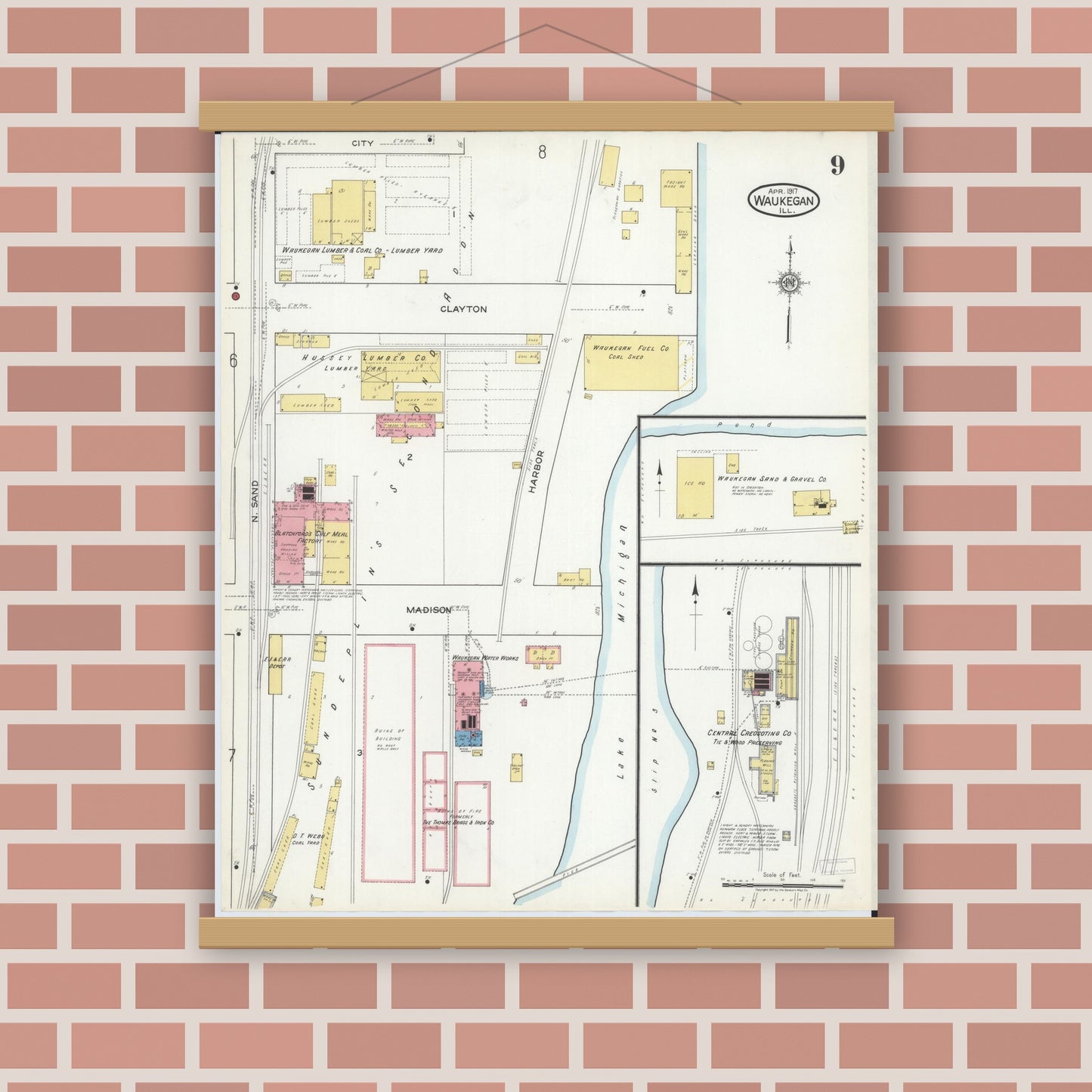 Old map wall art mockup — magnetic wood frame on brick wall — Sanborn Fire Insurance Map from Waukegan, Lake County, Illinois (1917), Sheet #0009