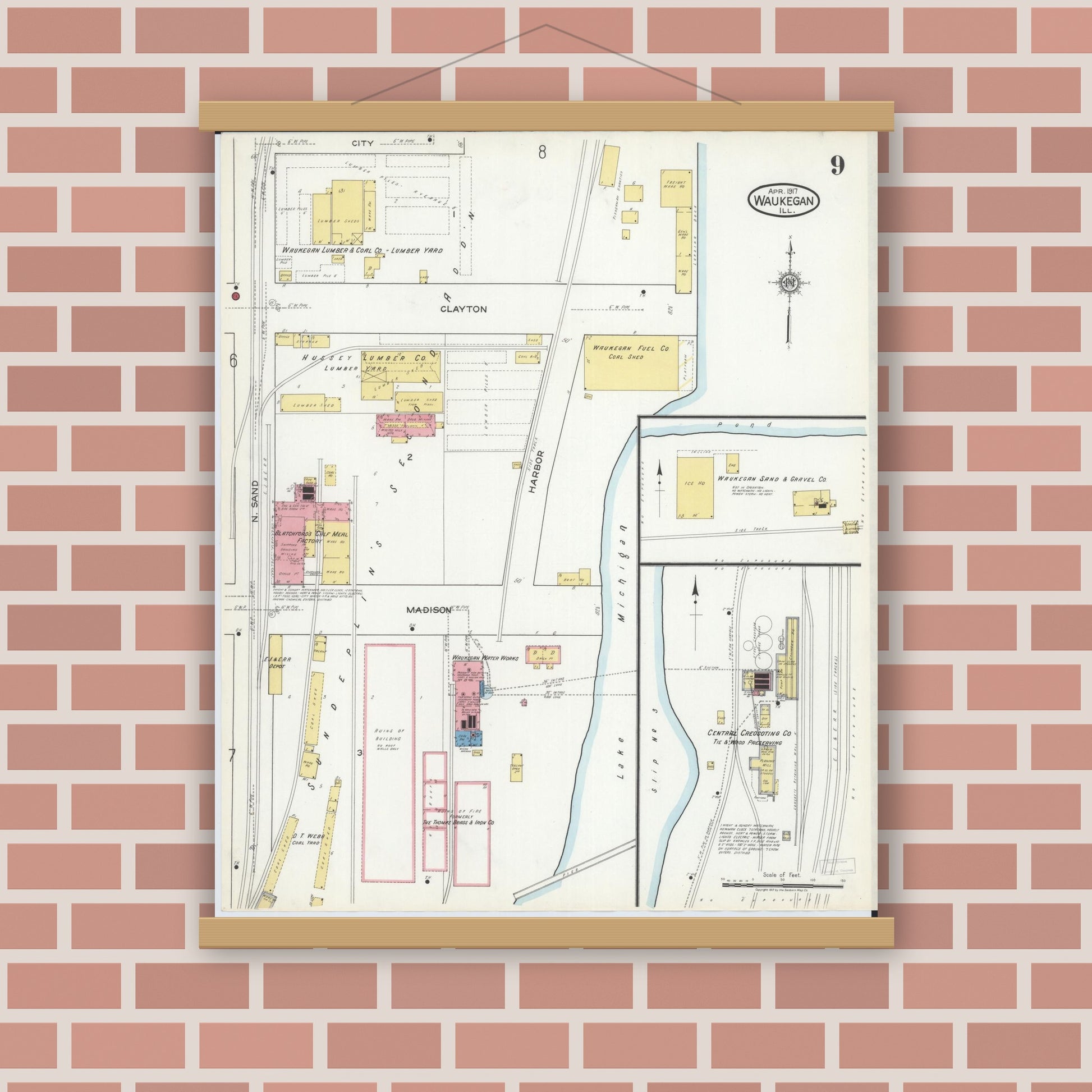Old map wall art mockup — magnetic wood frame on brick wall — Sanborn Fire Insurance Map from Waukegan, Lake County, Illinois (1917), Sheet #0009