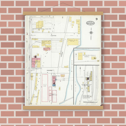 Old map wall art mockup — magnetic wood frame on brick wall — Sanborn Fire Insurance Map from Waukegan, Lake County, Illinois (1917), Sheet #0009