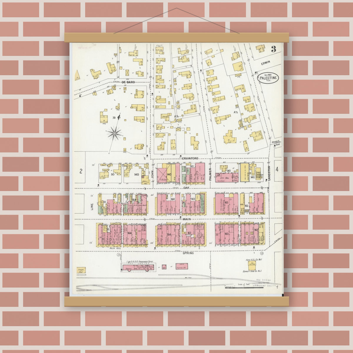 Old map wall art mockup — magnetic wood frame on brick wall — Sanborn Fire Insurance Map from Palestine, Anderson County, Texas (1900), Sheet #0003