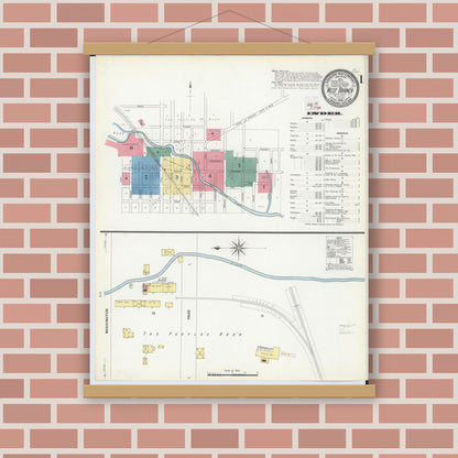 Old map wall art mockup — magnetic wood frame on brick wall — Sanborn Fire Insurance Map from West Branch, Ogemaw County, Michigan (1909), Sheet #0001