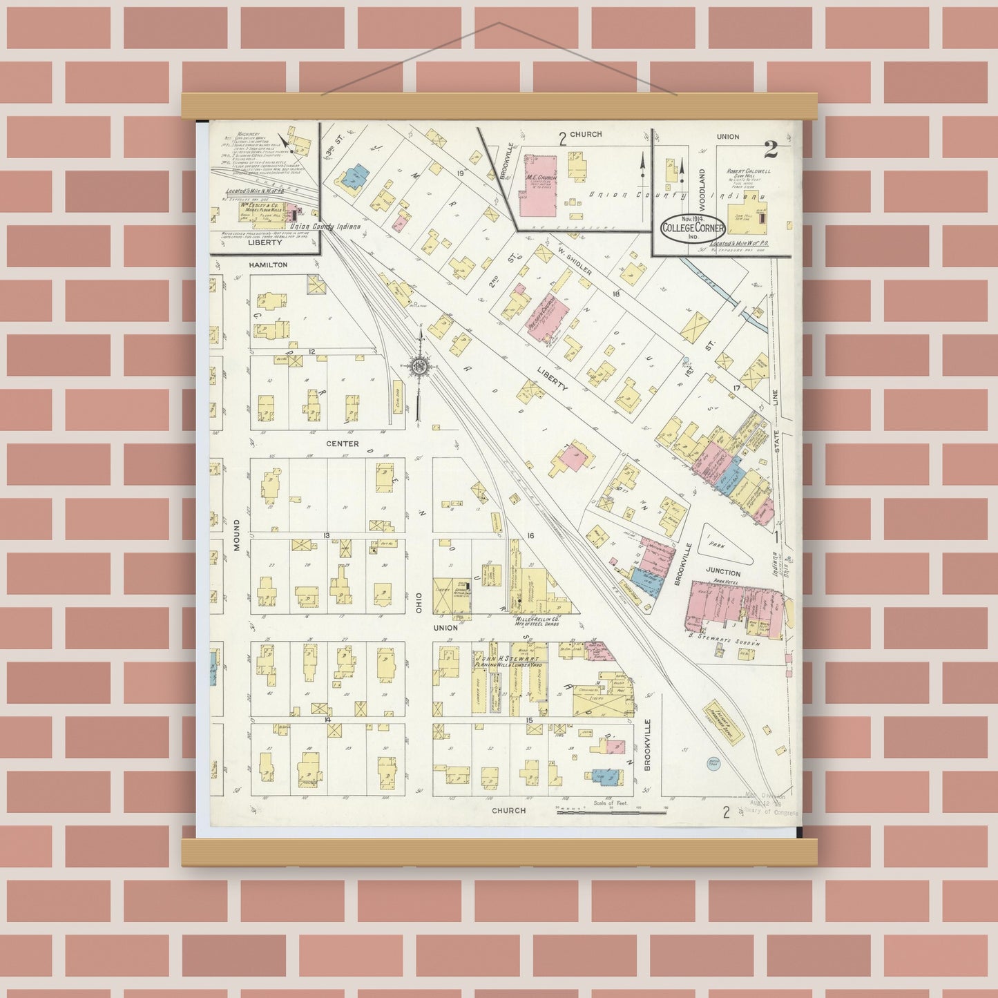 Old map wall art mockup — magnetic wood frame on brick wall — Sanborn Fire Insurance Map from College Corner, Preble And Butler, Ohio (1914), Sheet #0002