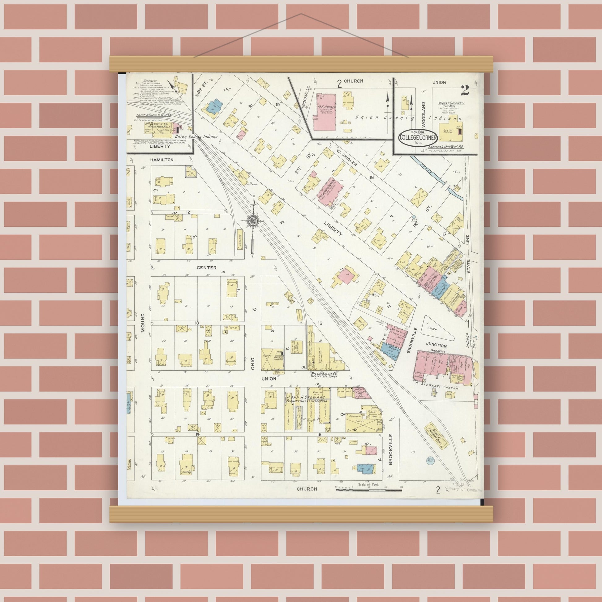 Old map wall art mockup — magnetic wood frame on brick wall — Sanborn Fire Insurance Map from College Corner, Preble And Butler, Ohio (1914), Sheet #0002