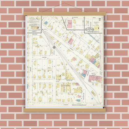 Old map wall art mockup — magnetic wood frame on brick wall — Sanborn Fire Insurance Map from College Corner, Preble And Butler, Ohio (1914), Sheet #0002