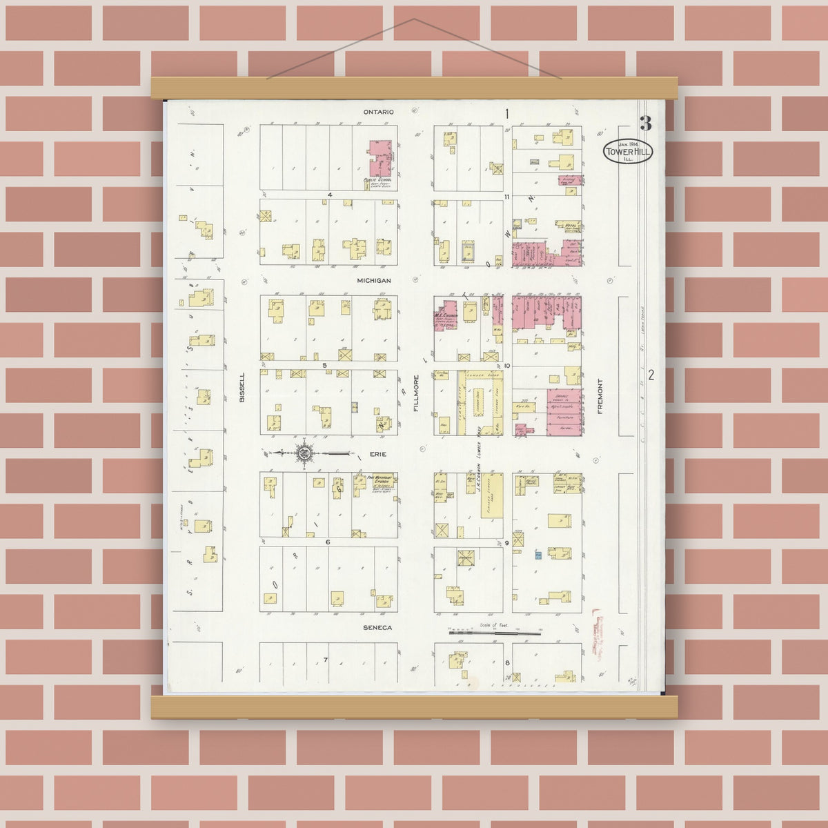 Old map wall art mockup — magnetic wood frame on brick wall — Sanborn Fire Insurance Map from Tower Hill, Shelby County, Illinois (1914), Sheet #0003