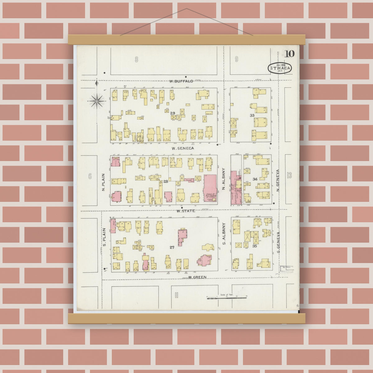 Old map wall art mockup — magnetic wood frame on brick wall — Sanborn Fire Insurance Map from Ithaca, Tompkins County, New York (1893), Sheet #0010
