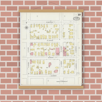 Old map wall art mockup — magnetic wood frame on brick wall — Sanborn Fire Insurance Map from Ithaca, Tompkins County, New York (1893), Sheet #0010