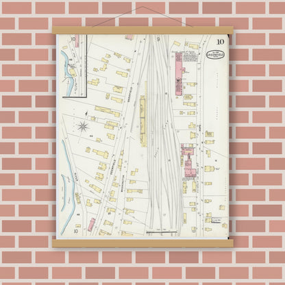 Old map wall art mockup — magnetic wood frame on brick wall — Sanborn Fire Insurance Map from Greenfield, Franklin County, Massachusetts (1896), Sheet #0010