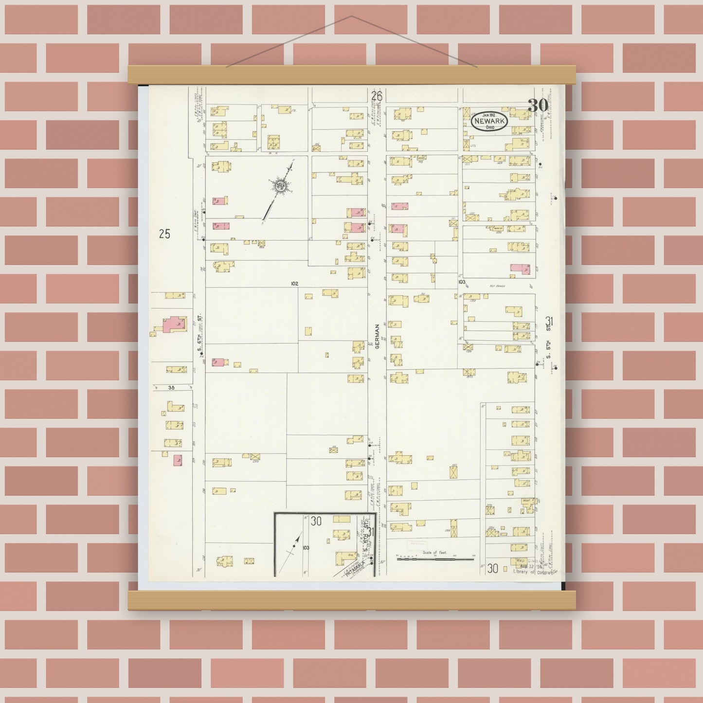 Old map wall art mockup — magnetic wood frame on brick wall — Sanborn Fire Insurance Map from Newark, Licking County, Ohio (1912), Sheet #0030