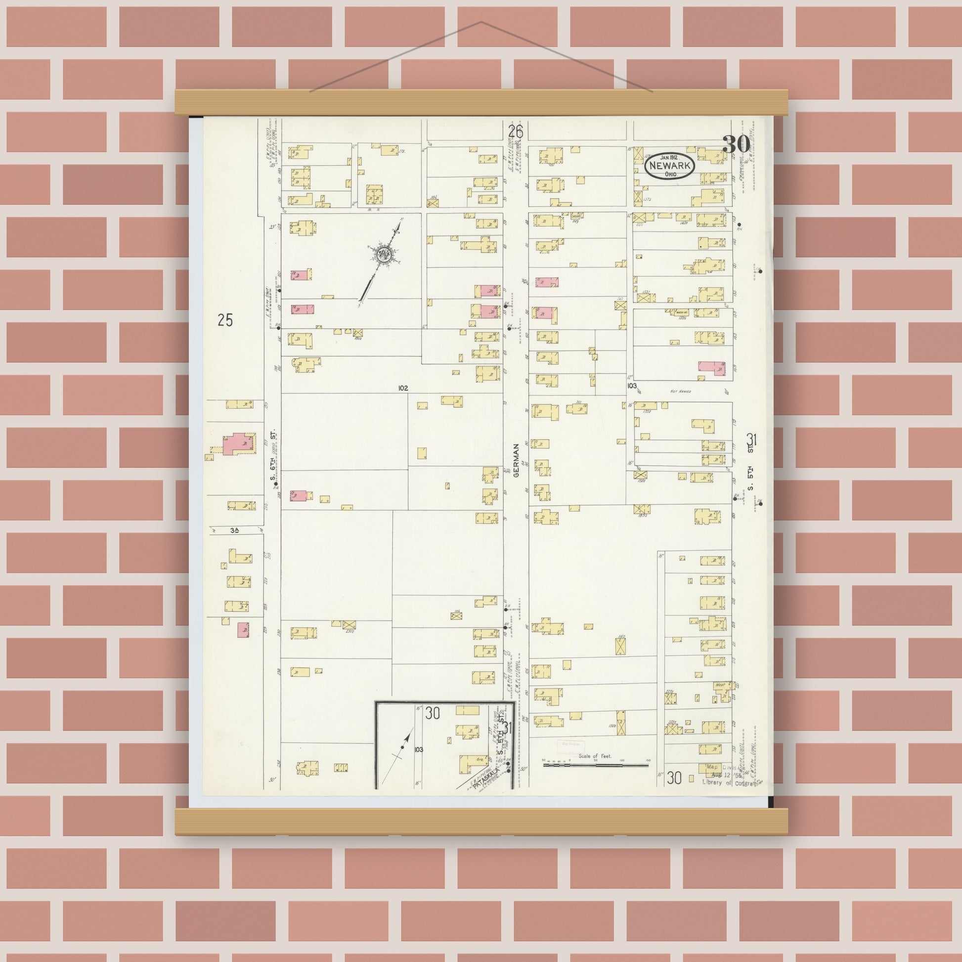 Old map wall art mockup — magnetic wood frame on brick wall — Sanborn Fire Insurance Map from Newark, Licking County, Ohio (1912), Sheet #0030