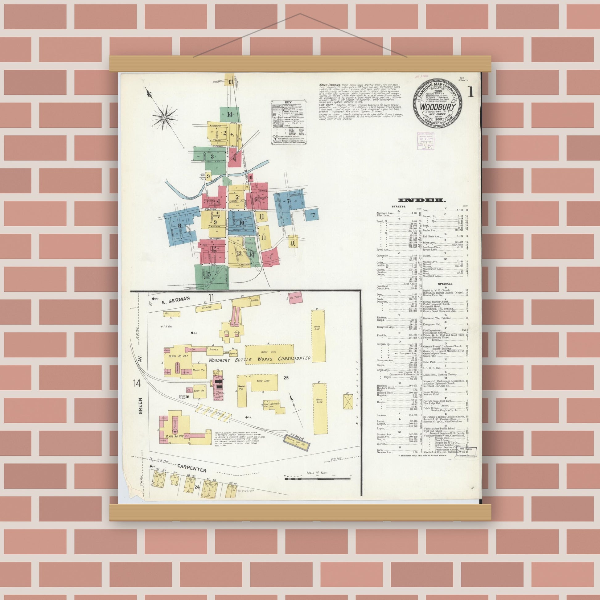 Old map wall art mockup — magnetic wood frame on brick wall — Sanborn Fire Insurance Map from Woodbury, Gloucester County, New Jersey (1908), Sheet #0001