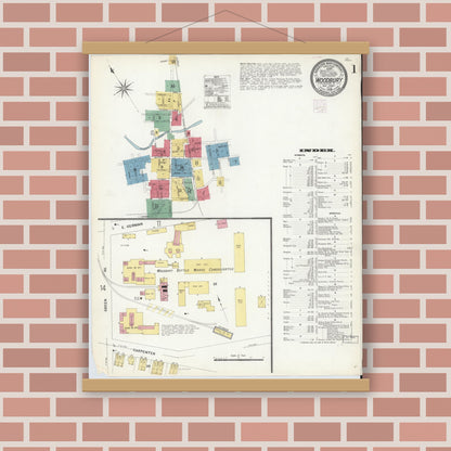 Old map wall art mockup — magnetic wood frame on brick wall — Sanborn Fire Insurance Map from Woodbury, Gloucester County, New Jersey (1908), Sheet #0001