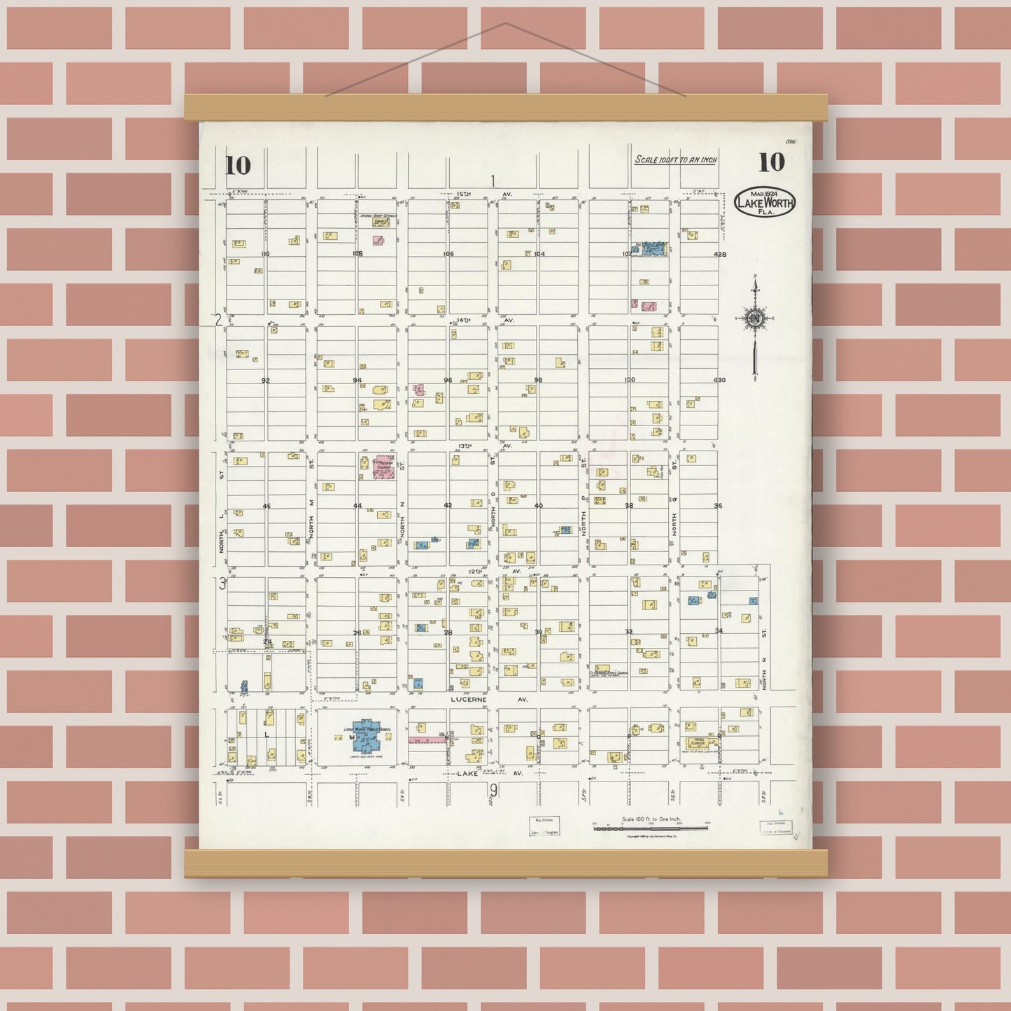 Old map wall art mockup — magnetic wood frame on brick wall — Sanborn Fire Insurance Map from Lake Worth, Palm Beach County, Florida (1924), Sheet #0010