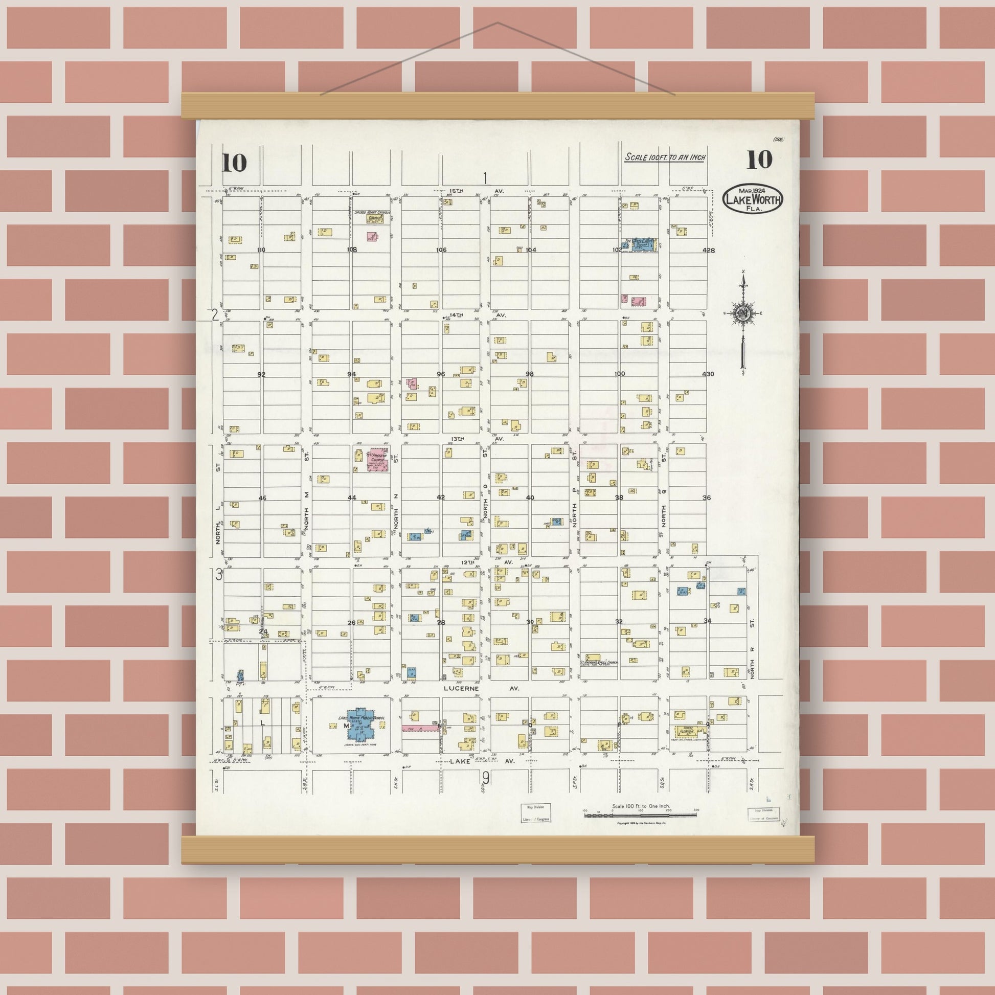Old map wall art mockup — magnetic wood frame on brick wall — Sanborn Fire Insurance Map from Lake Worth, Palm Beach County, Florida (1924), Sheet #0010