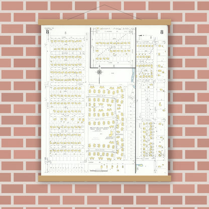 Old map wall art mockup — magnetic wood frame on brick wall — Sanborn Fire Insurance Map from Pasadena, Harris County, Texas (1943), Sheet #0008