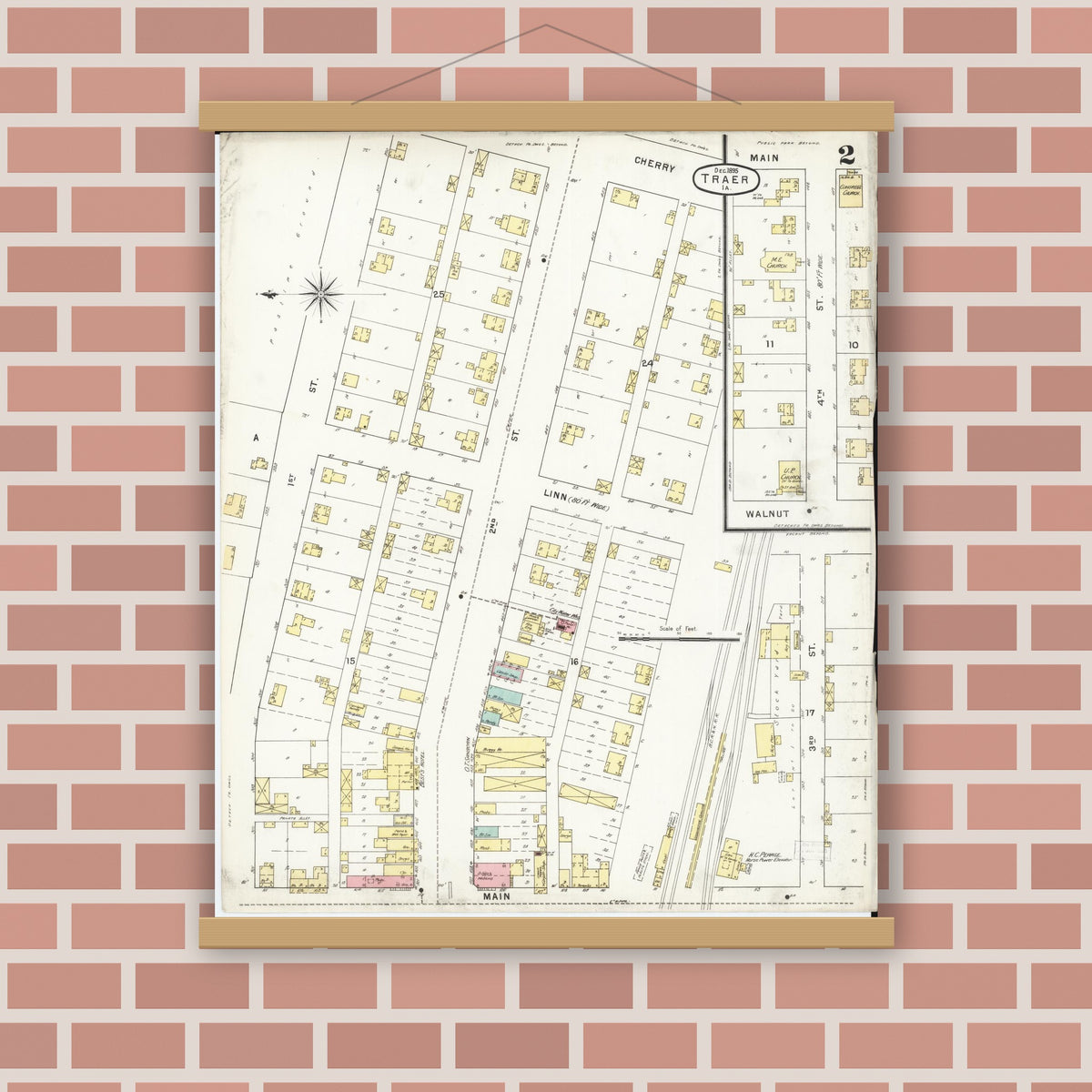 Old map wall art mockup — magnetic wood frame on brick wall — Sanborn Fire Insurance Map from Traer, Tama County, Iowa (1895), Sheet #0002