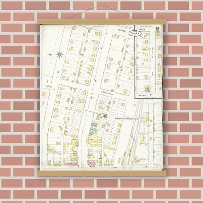Old map wall art mockup — magnetic wood frame on brick wall — Sanborn Fire Insurance Map from Traer, Tama County, Iowa (1895), Sheet #0002