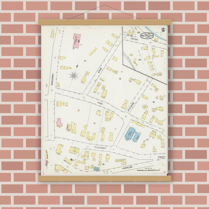 Old map wall art mockup — magnetic wood frame on brick wall — Sanborn Fire Insurance Map from Methuen, Essex County, Massachusetts (1892), Sheet #0002