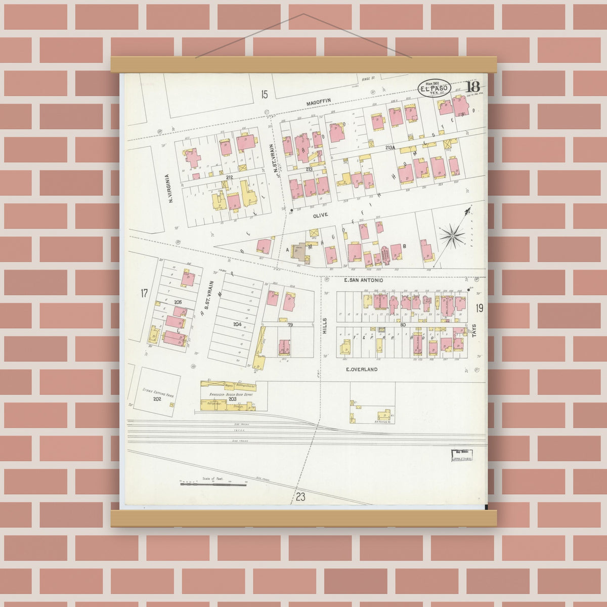 Old map wall art mockup — magnetic wood frame on brick wall — Sanborn Fire Insurance Map from El Paso, El Paso County, Texas (1902), Sheet #0018