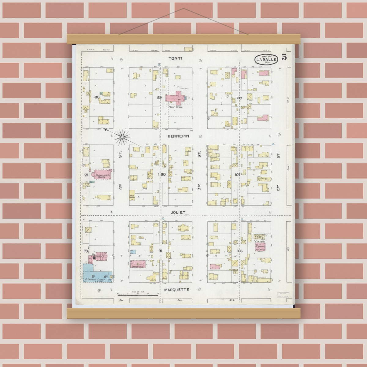Old map wall art mockup — magnetic wood frame on brick wall — Sanborn Fire Insurance Map from La Salle, La Salle County, Illinois (1892), Sheet #0005