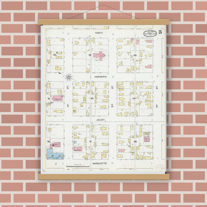 Old map wall art mockup — magnetic wood frame on brick wall — Sanborn Fire Insurance Map from La Salle, La Salle County, Illinois (1892), Sheet #0005