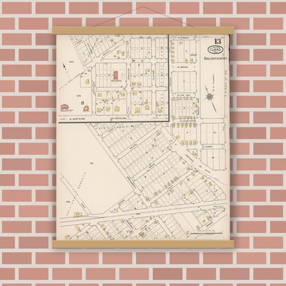 Old map wall art mockup — magnetic wood frame on brick wall — Sanborn Fire Insurance Map from Cuero, De Witt County, Texas (1922), Sheet #0013