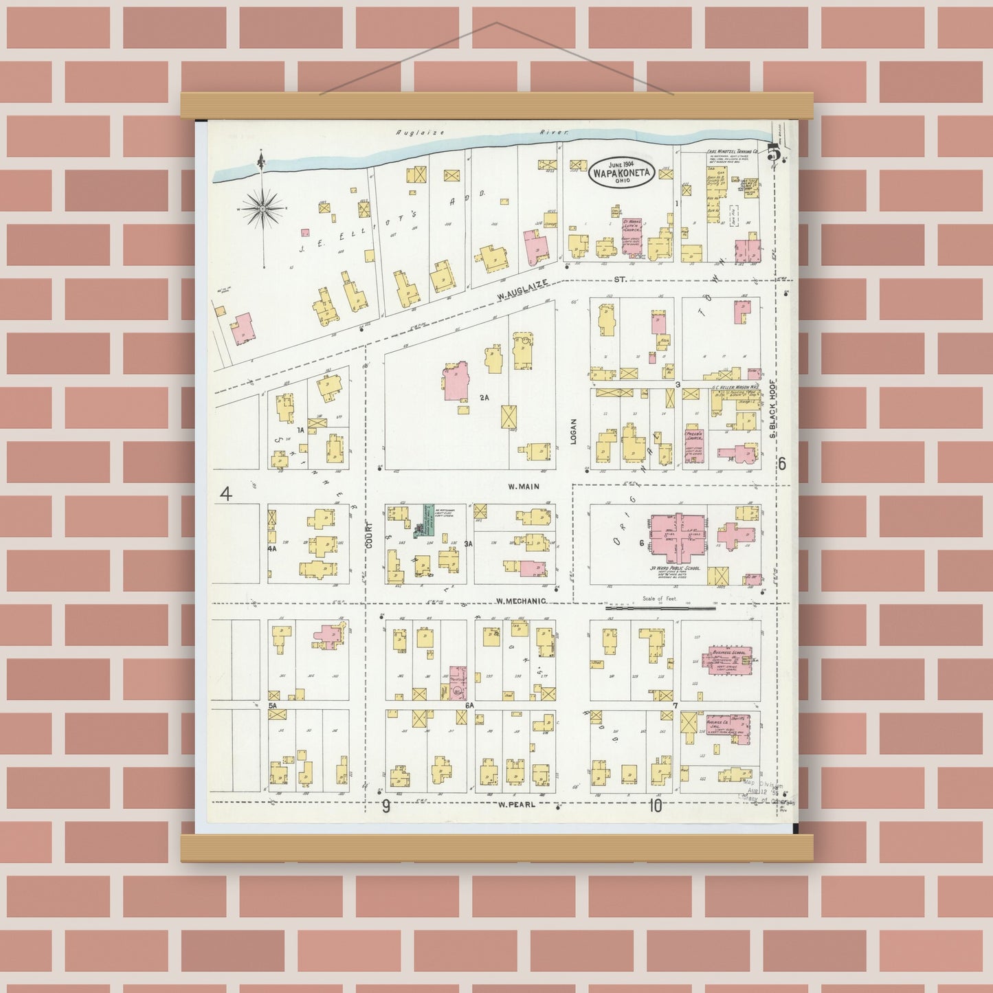 Old map wall art mockup — magnetic wood frame on brick wall — Sanborn Fire Insurance Map from Wapakoneta, Auglaize County, Ohio (1904), Sheet #0005