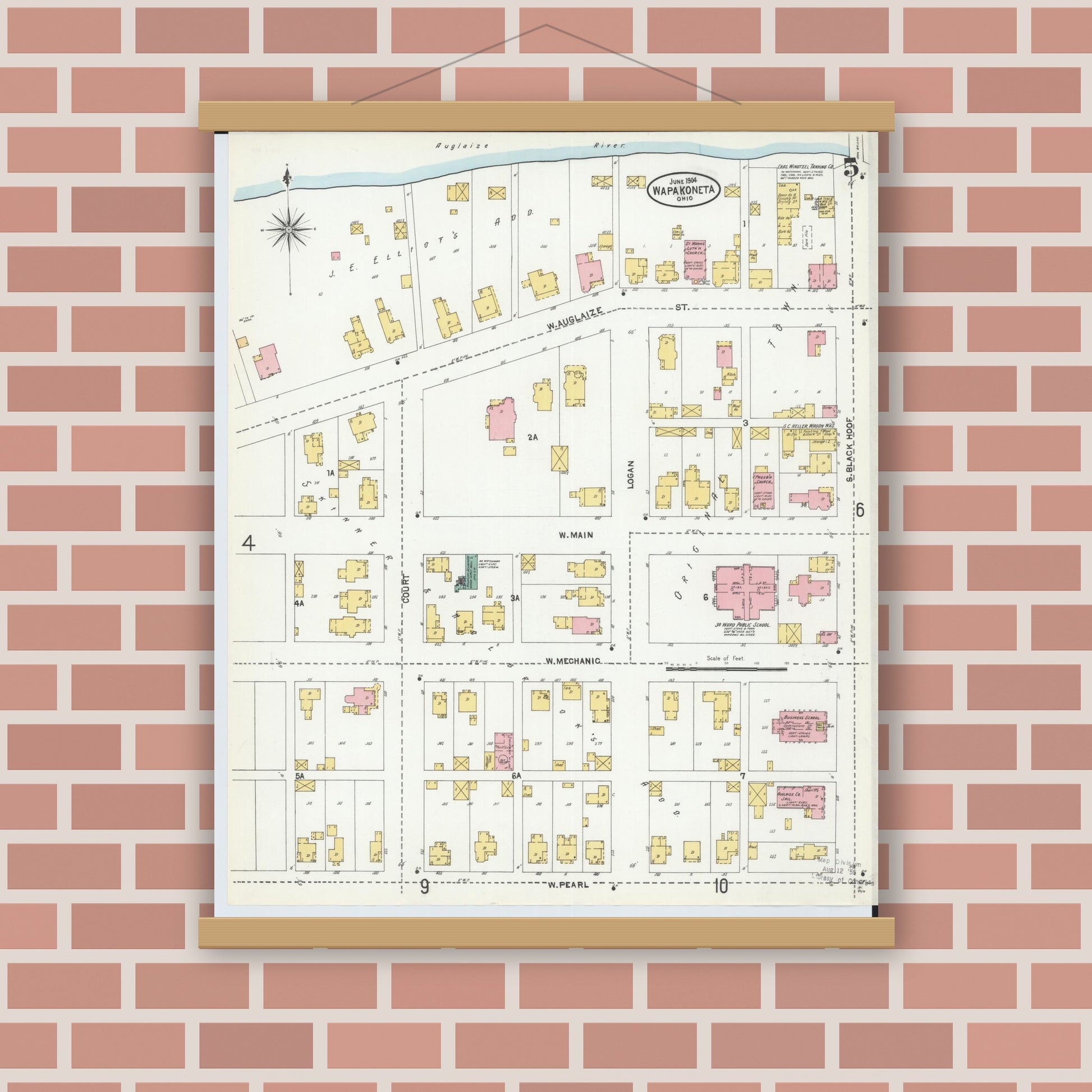 Old map wall art mockup — magnetic wood frame on brick wall — Sanborn Fire Insurance Map from Wapakoneta, Auglaize County, Ohio (1904), Sheet #0005