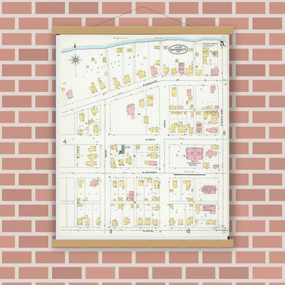 Old map wall art mockup — magnetic wood frame on brick wall — Sanborn Fire Insurance Map from Wapakoneta, Auglaize County, Ohio (1904), Sheet #0005