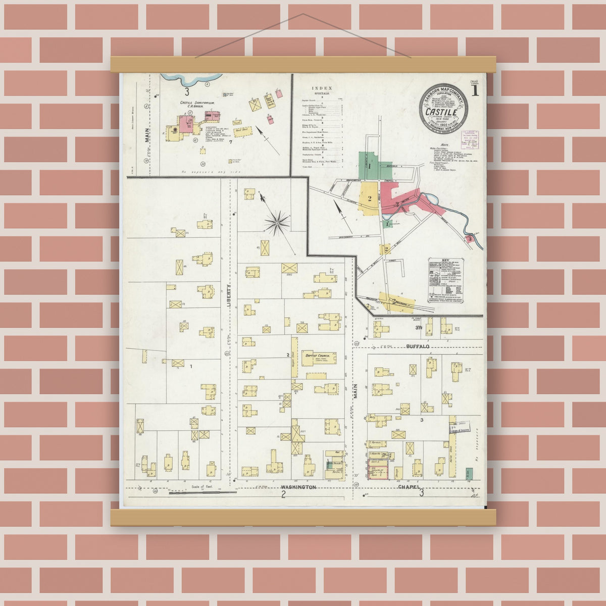 Old map wall art mockup — magnetic wood frame on brick wall — Sanborn Fire Insurance Map from Castile, Wyoming County, New York (1905) - Complete Map Set