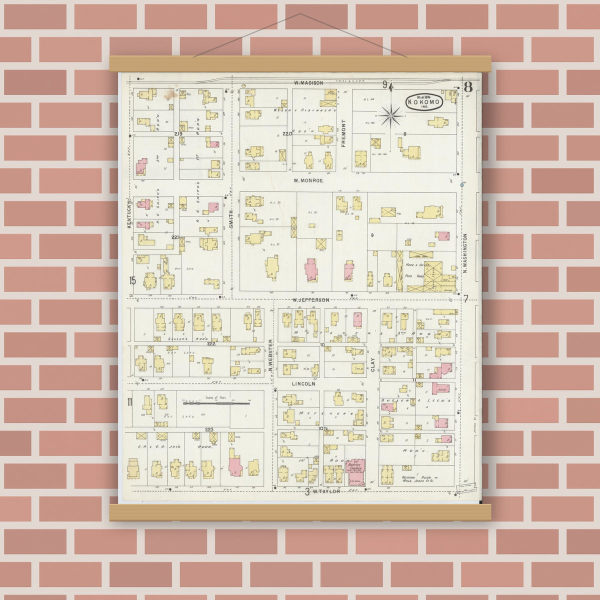 Old map wall art mockup — magnetic wood frame on brick wall — Sanborn Fire Insurance Map from Kokomo, Howard County, Indiana (1896), Sheet #0008