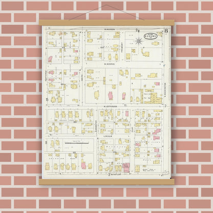 Old map wall art mockup — magnetic wood frame on brick wall — Sanborn Fire Insurance Map from Kokomo, Howard County, Indiana (1896), Sheet #0008