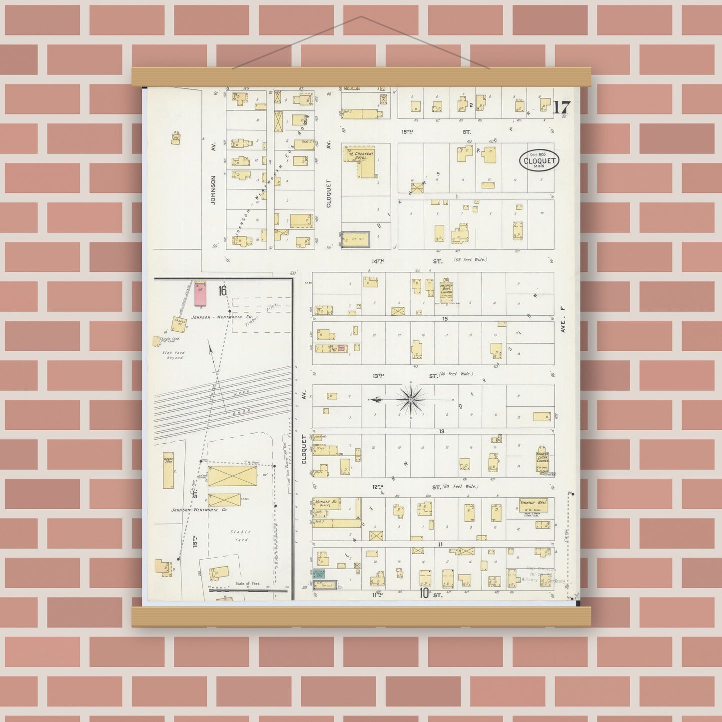 Old map wall art mockup — magnetic wood frame on brick wall — Sanborn Fire Insurance Map from Cloquet, Carlton County, Minnesota (1905), Sheet #0017