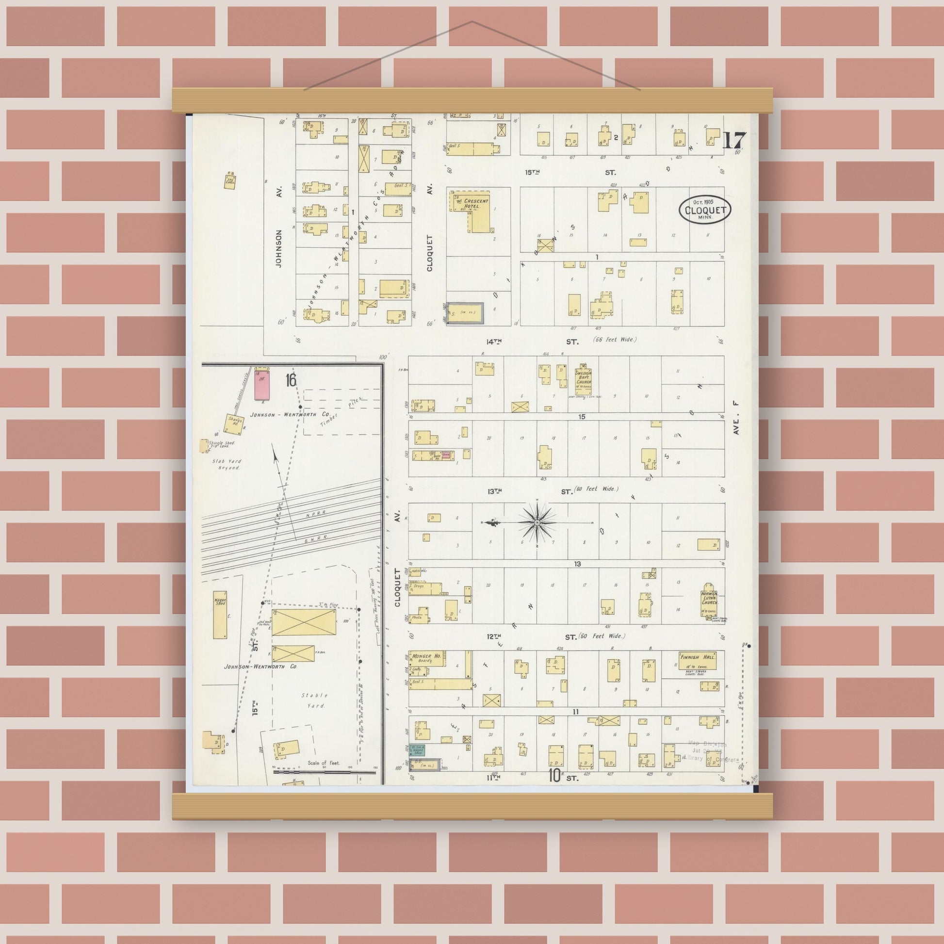 Old map wall art mockup — magnetic wood frame on brick wall — Sanborn Fire Insurance Map from Cloquet, Carlton County, Minnesota (1905), Sheet #0017