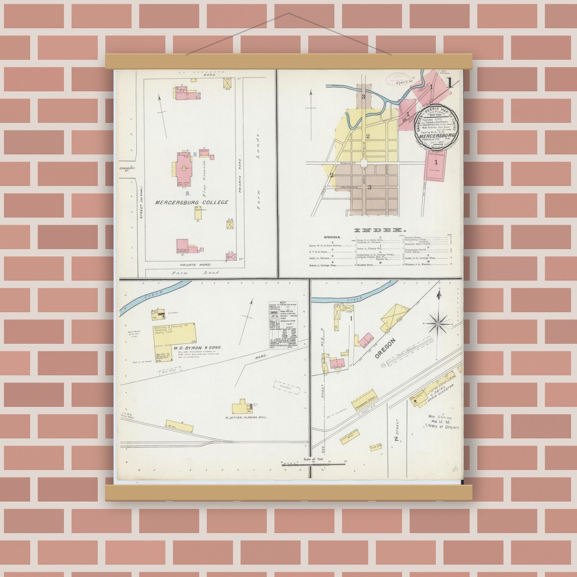Old map wall art mockup — magnetic wood frame on brick wall — Sanborn Fire Insurance Map from Mercersburg, Franklin County, Pennsylvania (1891), Sheet #0001