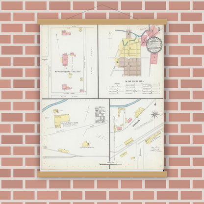 Old map wall art mockup — magnetic wood frame on brick wall — Sanborn Fire Insurance Map from Mercersburg, Franklin County, Pennsylvania (1891), Sheet #0001